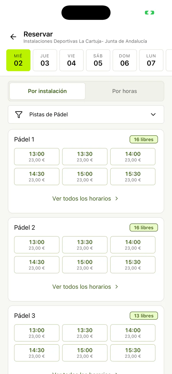 The Sporttia app on a phone, showing the free hours on each court